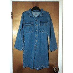 Fashion Nova Oversized Denim Long-Sleeve Button-Up Short Jumpsuit w/ Pockets XS